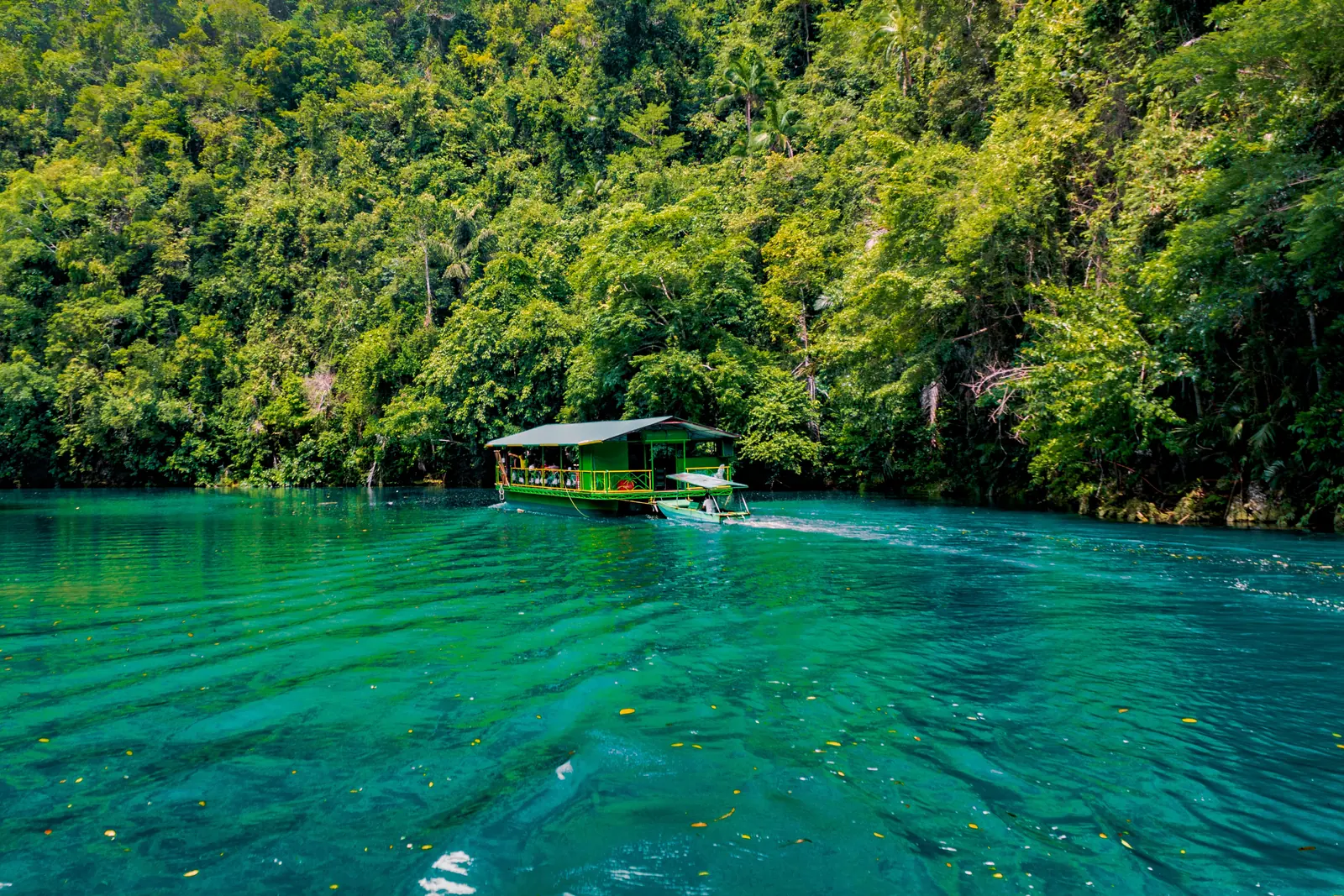 River boat traveling through a lush Philippine landscape